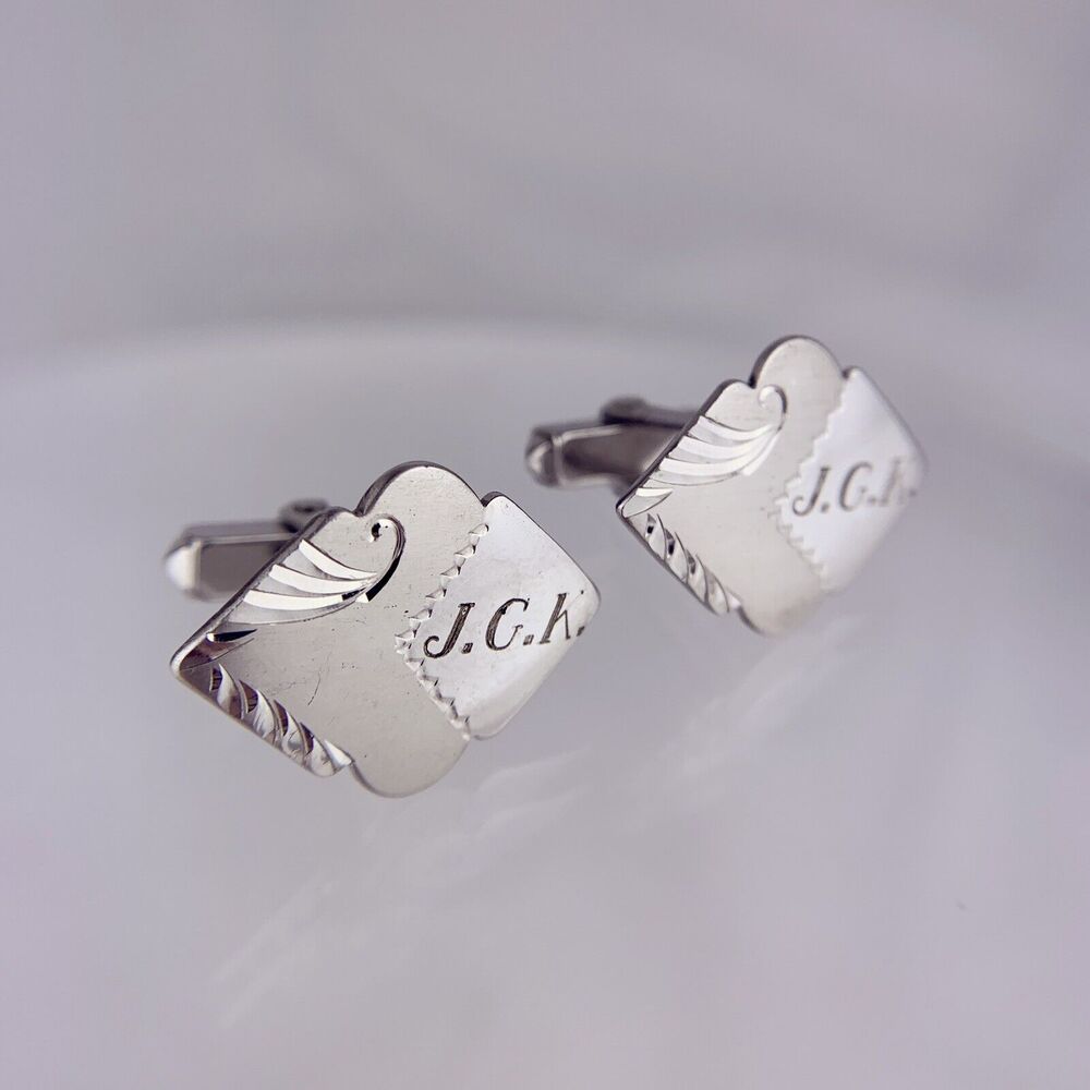 Sterling Silver J G K Monogram Cufflinks Initial Diamond Scroll Swoop Vintage K1